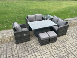 Fimous 7 Seater Rattan Furniture Garden Dining Set Outdoor Height Adjustable Rising lifting Table Love Sofa Chair in Dark Grey - thumbnail 1