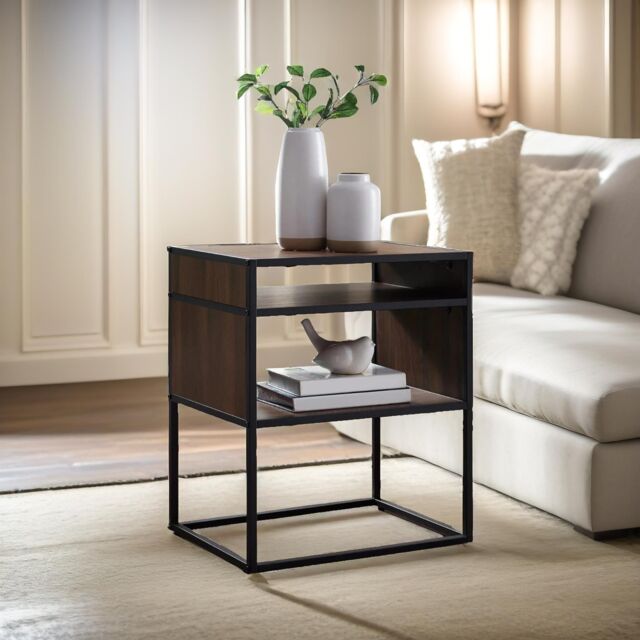 Pirlo Plush Industrial Square Side Table With Open Storage in Walnut - image 1