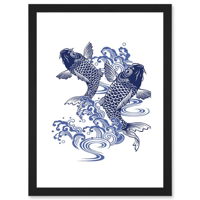 Artery8 Japan Koi Carp Fish Illustration Water Artwork Framed Wall Art Print A4 in Black - image 1