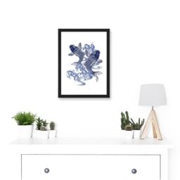 Artery8 Japan Koi Carp Fish Illustration Water Artwork Framed Wall Art Print A4 in Black - thumbnail 2