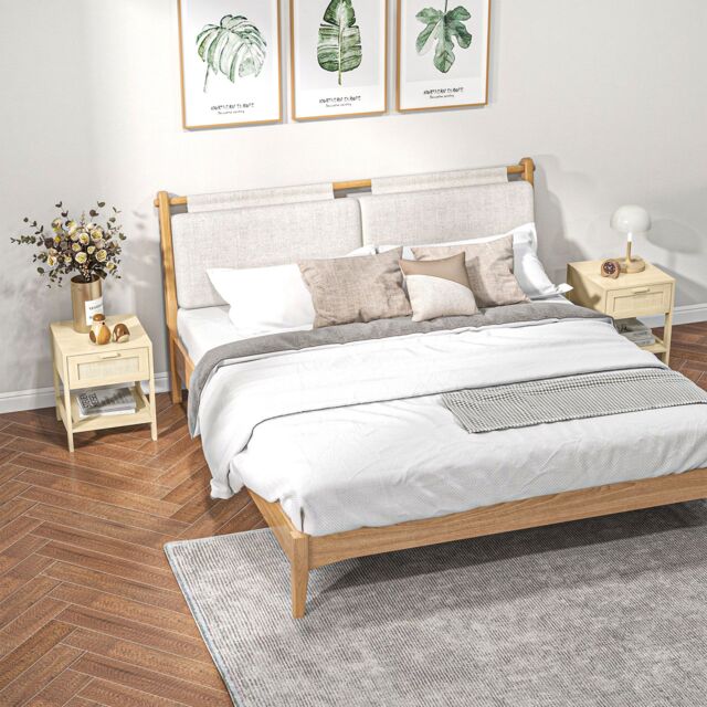 HOMCOM Bedside Table Nightstand with Rattan Drawer Storage Shelf in Light Brown - image 1