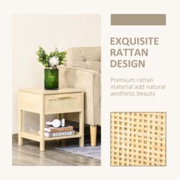 HOMCOM Bedside Table Nightstand with Rattan Drawer Storage Shelf in Light Brown - thumbnail 4