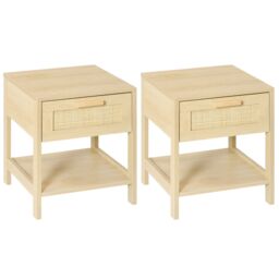 HOMCOM Bedside Table Nightstand with Rattan Drawer Storage Shelf in Light Brown - thumbnail 2