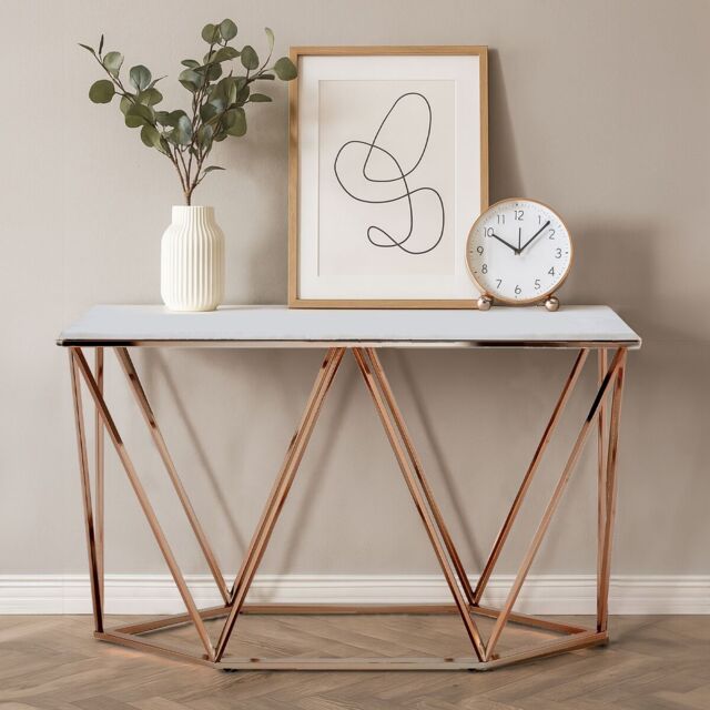 Orsina Rectangular Champagne Console Table, Boutique Geometric Entryway Table with Champagne Gold Metal Base - image 1