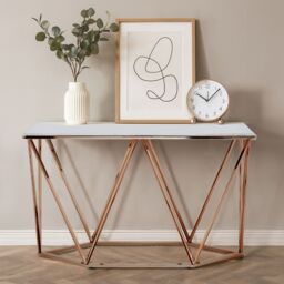 Orsina Rectangular Champagne Console Table, Boutique Geometric Entryway Table with Champagne Gold Metal Base