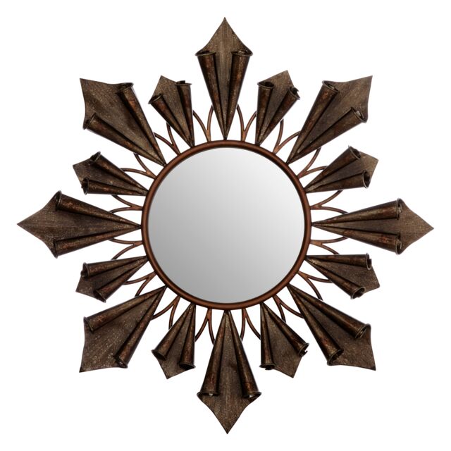 Orsina Starburst Frame Wall Mirror With Antique Gold Reliefs, Statement Mirror For Stairway, Sculpted Round Mirror in Brown - image 1