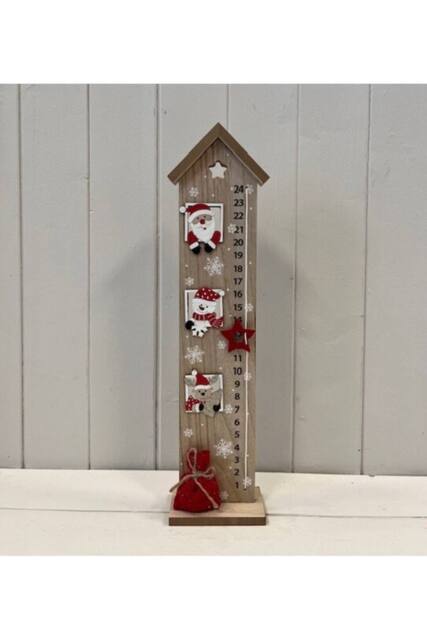 KDMD Wooden House Advent Calendar with Red Santa & Snowman in Natural - image 1