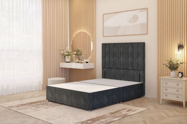 "Somnior Alexas Divan Bed Base with 54"" Floor Standing Headboard Tweed Fabric in Charcoal - Size: Single" - image 1