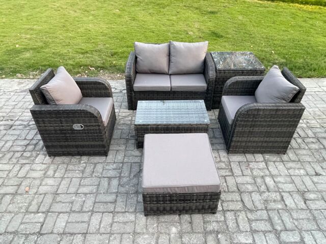 Fimous 6 PC Outdoor PE Rattan Garden Furniture Set Wicker Love Sofa Coffee Table 2 Armchair Big Footstool Side Table in Dark Grey - image 1