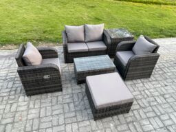 Fimous 6 PC Outdoor PE Rattan Garden Furniture Set Wicker Love Sofa Coffee Table 2 Armchair Big Footstool Side Table in Dark Grey - thumbnail 2