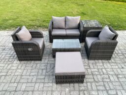 Fimous 6 PC Outdoor PE Rattan Garden Furniture Set Wicker Love Sofa Coffee Table 2 Armchair Big Footstool Side Table in Dark Grey - thumbnail 1