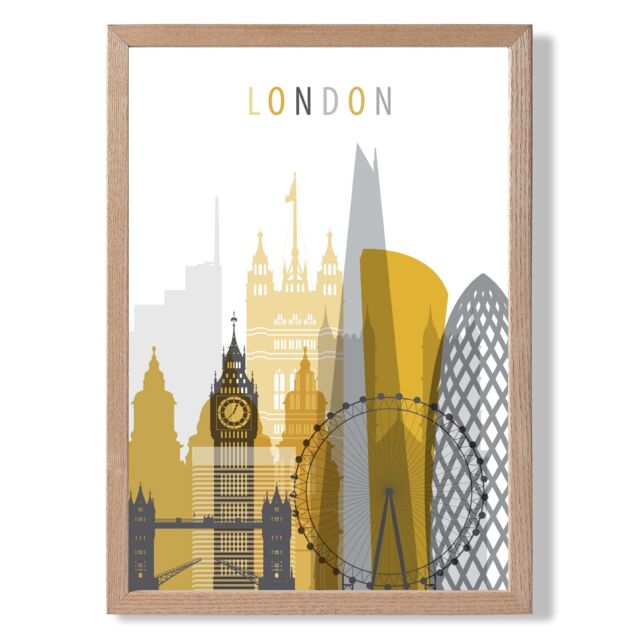 ARTZE London Yellow & Grey City Skyline Framed Print SIZE: A4 with Oak Frame - Size: A3 - image 1
