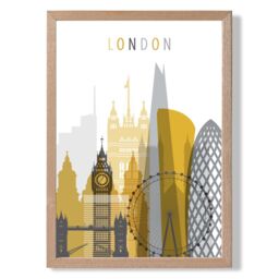 ARTZE London Yellow & Grey City Skyline Framed Print SIZE: A4 with Oak Frame - Size: A3 - thumbnail 1