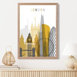 ARTZE London Yellow & Grey City Skyline Framed Print SIZE: A4 with Oak Frame - Size: A3 - thumbnail 2