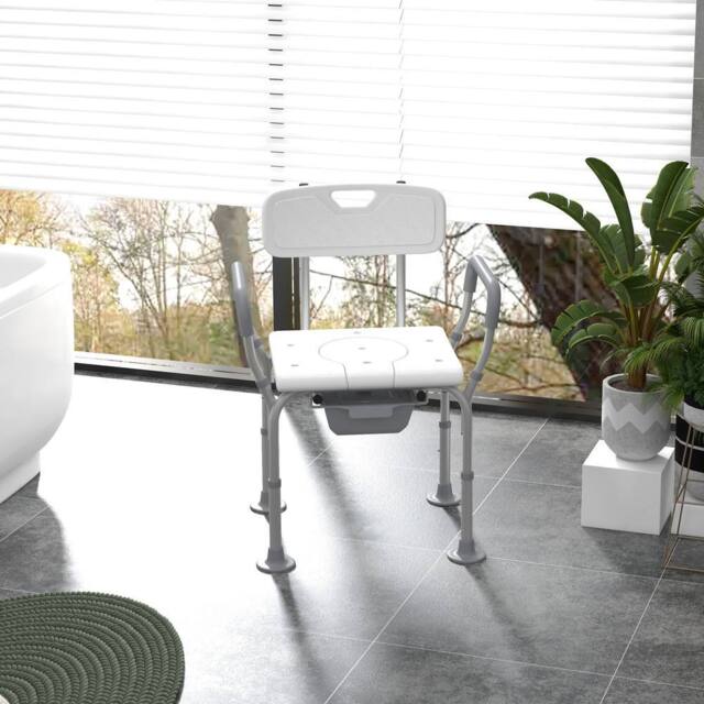 HOMCOM 3 in 1 Shower Chair with Back & Arms Height Adjustable Bedside in White - image 1