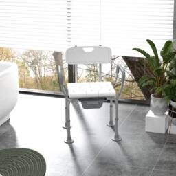 HOMCOM 3 in 1 Shower Chair with Back & Arms Height Adjustable Bedside in White - thumbnail 1