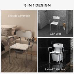 HOMCOM 3 in 1 Shower Chair with Back & Arms Height Adjustable Bedside in White - thumbnail 4