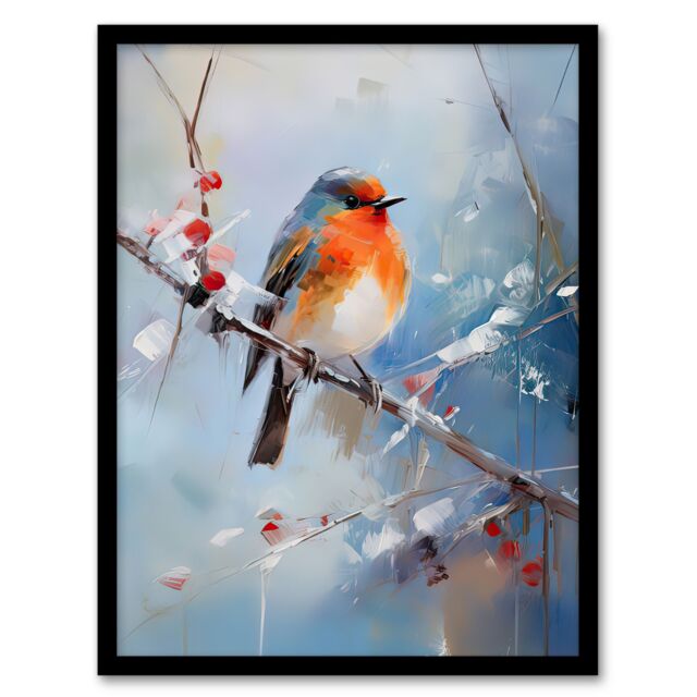 Artery8 Wall Art Print Winter Robin Bird on Tree Branch Oil Painting Framed Art Picture in Blue - Size: A4 - image 1