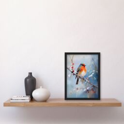 Artery8 Wall Art Print Winter Robin Bird on Tree Branch Oil Painting Framed Art Picture in Blue - Size: A4 - thumbnail 4