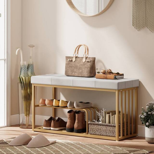 HOMCOM Shoe Storage Bench with Seat Cushion Tufted Shoe Rack Bench in Grey - image 1