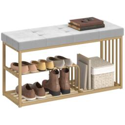 HOMCOM Shoe Storage Bench with Seat Cushion Tufted Shoe Rack Bench in Grey - thumbnail 2