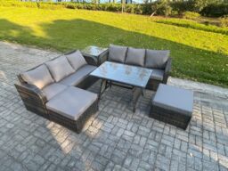 Fimous Rattan Garden Furniture Dining Set 8 seater Patio Rectangular Table 2 Big Footstool Side Table Dark Grey Mixed - thumbnail 2