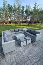 Fimous Outdoor Rattan Garden Furniture Set Lounge Sofa Set 2 Coffee Table 2 Footstools in Light Grey - thumbnail 2