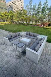 Fimous Outdoor Rattan Garden Furniture Set Lounge Sofa Set 2 Coffee Table 2 Footstools in Light Grey - thumbnail 1
