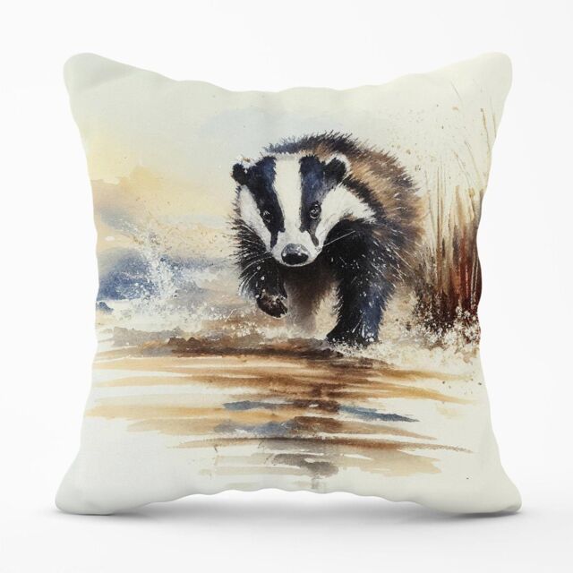 Warren Reed - Designer Wading Badger Watercolour Outdoor Cushion in Brown - Size: 60 cm x 60 cm - image 1