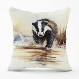 Warren Reed - Designer Wading Badger Watercolour Outdoor Cushion in Brown - Size: 60 cm x 60 cm - thumbnail 1