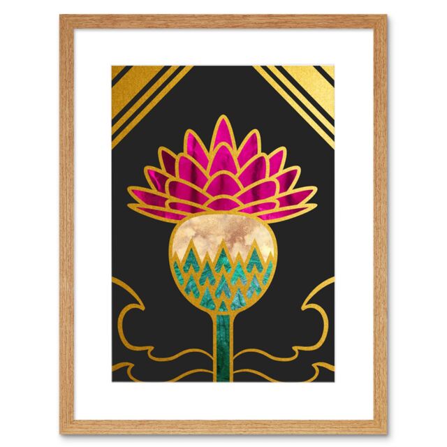 "Artery8 Wall Art Print Gold Edge Scottish Thistle Flower Scotland Framed Art in Beige - Size: W7"" x H9""" - image 1