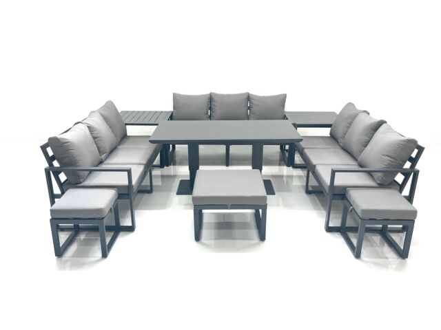 Fimous 12 Seater Garden Sofa Set Aluminium Furniture Rising Dining Tabe Set with 2 Side Tables 3 Footstools Dark Grey - image 1