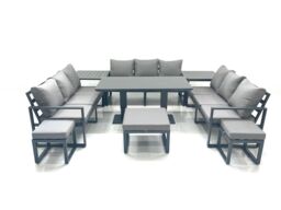 Fimous 12 Seater Garden Sofa Set Aluminium Furniture Rising Dining Tabe Set with 2 Side Tables 3 Footstools Dark Grey - thumbnail 1