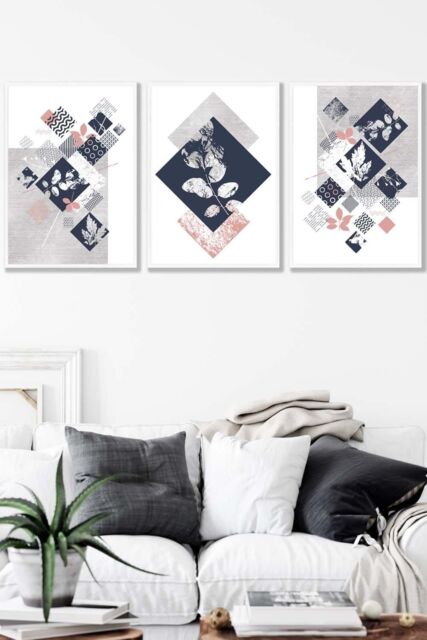 ARTZE Set of 3 White Framed Graphical Abstract Floral Blue Grey Wall Art in Navy - Size: W33 cm x H45 cm x D20mm - image 1