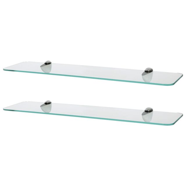 Harbour Housewares 2x Rounded Floating Glass Shelves - 60cm Bathroom Storage Display Unit in Silver - image 1