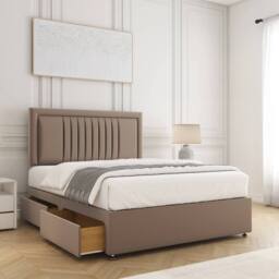 "BSSPOKE Canes Velvet Divan Bed 24"" Headboard 2Drawers Same side & Mattress in Bronze - Size: Super King"