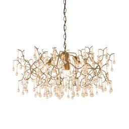Loops Aged Gold Branch Ceiling Chandelier - Glass Droplets - Decorative Light Fitting in Clear