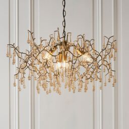 Loops Aged Gold Branch Ceiling Chandelier - Glass Droplets - Decorative Light Fitting in Clear - thumbnail 3