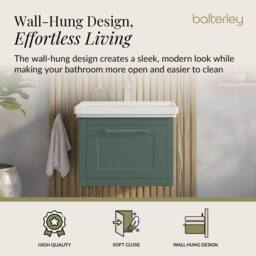 Balterley Wall Hung 1 Drawer Vanity Unit & 1TH Fireclay Basin, 600mm, Green - thumbnail 3