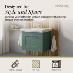 Balterley Wall Hung 1 Drawer Vanity Unit & 1TH Fireclay Basin, 600mm, Green - thumbnail 2