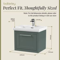 Balterley Wall Hung 1 Drawer Vanity Unit & 1TH Fireclay Basin, 600mm, Green - thumbnail 5
