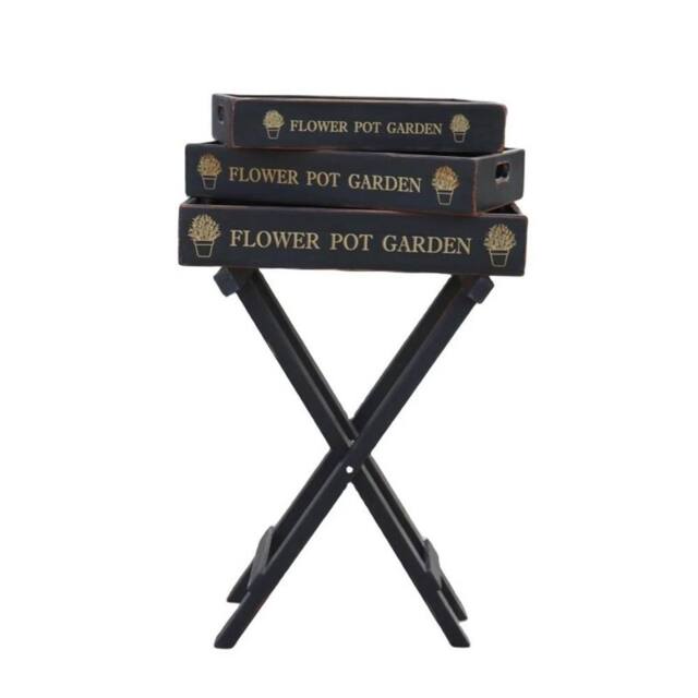 Nordara Foldable Vintage Serving Stand With 3 Wooden Trays in Black - Size: 1.25kg - image 1