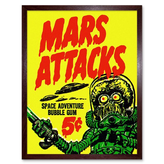 "Artery8 Wall Art Print Mars Attacks Space Adventure Bubble Gum Bright Advert Alien Monster UFO Saucer Art Framed in Brown - Size: W12"" x H16""" - image 1