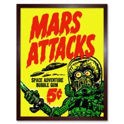 "Artery8 Wall Art Print Mars Attacks Space Adventure Bubble Gum Bright Advert Alien Monster UFO Saucer Art Framed in Brown - Size: W12"" x H16""" - thumbnail 1