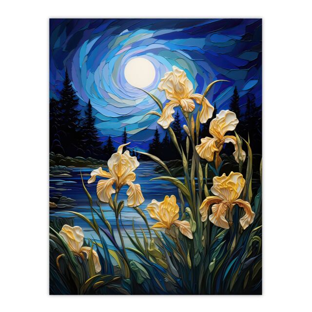 "Artery8 Wall Art Print Enchanting Iris Flowers Blooming Fantasy Full Moon Poster Picture in Blue - Size: W18"" x H24""" - image 1