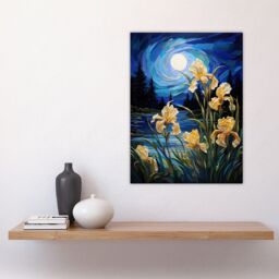 "Artery8 Wall Art Print Enchanting Iris Flowers Blooming Fantasy Full Moon Poster Picture in Blue - Size: W18"" x H24""" - thumbnail 4