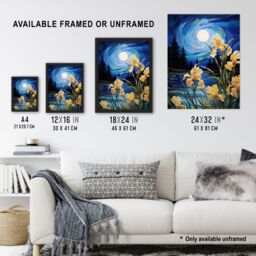 "Artery8 Wall Art Print Enchanting Iris Flowers Blooming Fantasy Full Moon Poster Picture in Blue - Size: W18"" x H24""" - thumbnail 3