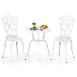 Costway 3 Piece Bistro Set All Weather Cast Aluminum Bistro Table Set in White - thumbnail 1