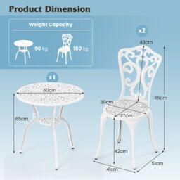 Costway 3 Piece Bistro Set All Weather Cast Aluminum Bistro Table Set in White - thumbnail 2