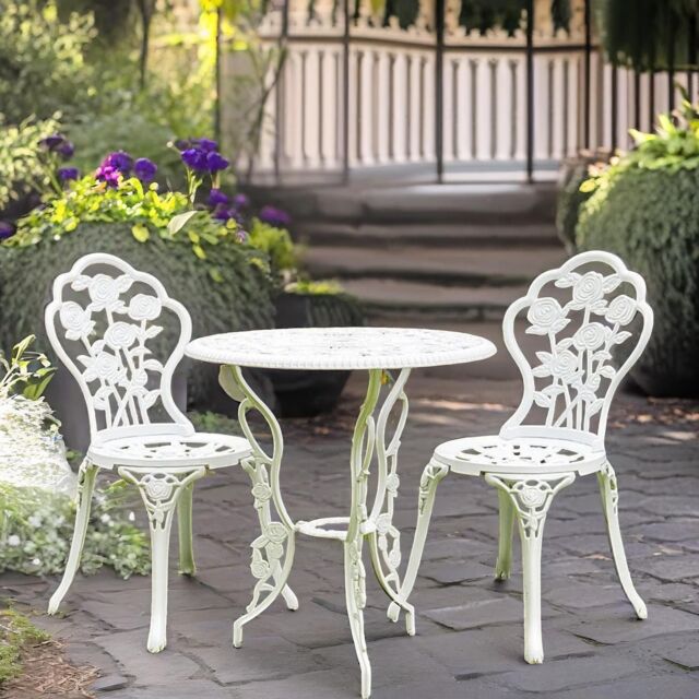 FURNOS Set of 3 Rose Cast Iron Bistro Table & Chair in White - image 1
